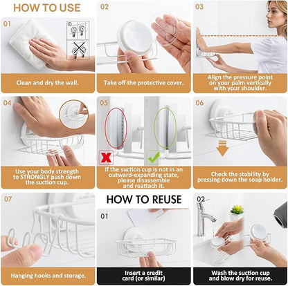 LEVERLOC Soap Holder Dish with Hooks for Shower, Bar Suction Cup Soap Tray Wall Mounted, Rustproof Stainless Steel Sponge Holder Caddy for Bathroom Bathtub Kitchen Sink, White