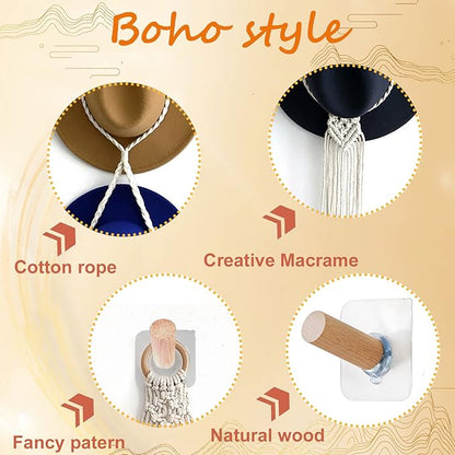 Macrame Hat Hangers for Wall with Adhensive Wooden Hook, Handmade Decorative Boho Hat Organizer Bohemian Macrame Cap Holder Set for Display for Beach Hat Sun Hat for Wide Brim Caps (2 holes)