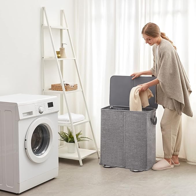Lifewit Double Laundry Hamper with Lid and Removable Laundry Bags, Large Collapsible 2 Dividers Dirty Clothes Basket with Handles for Bedroom, Laundry Room, Closet, Bathroom, College, 136L Gray