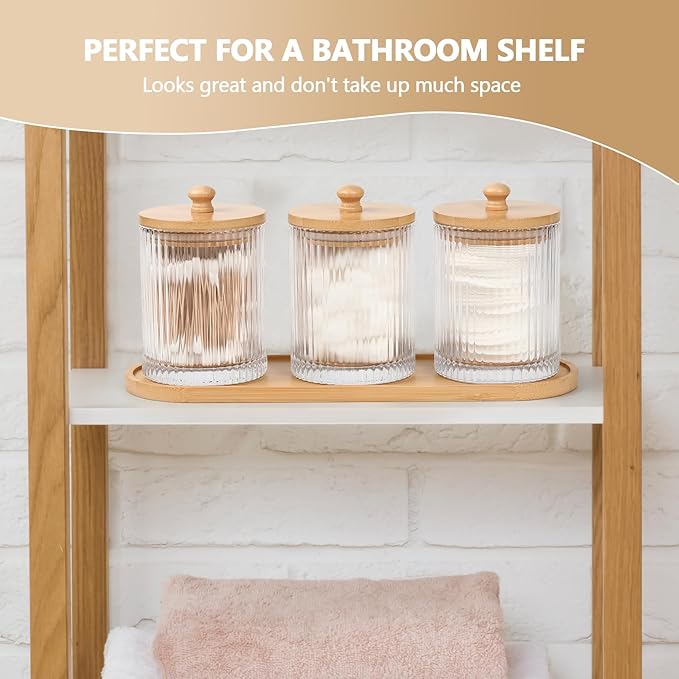 eggs sound 3 Pack Qtip Holder - Bathroom Organizers and Storage, Cotton Round Holder Floss Pick Cotton Ball Holder Swab Dispenser Set with Tray, Glass Apothecary Jars with Lids, -sw clear y
