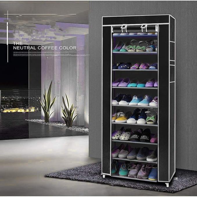 10 Tiers Shoe Rack with Dustproof Cover Shoe Storage Organizer Cabinet Shoe Shelf Tower,Non-Woven Fabric Cover (Black)