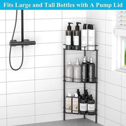 HuggieGems 3 Tier Floor Standing Corner Shower Caddy Organizer Shelf with Hooks, Bathroom Shelves Stand Rack, Black