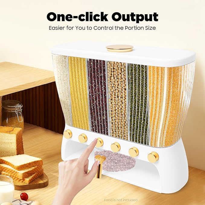 Cereal Dispenser, Multiple Grain Container, Kitchen Cereal Dry Food Containers Storage, 6 Grid Beans Grains Storage W/Rice Hopper for Store Rice, Red Beans, Yellow Beans