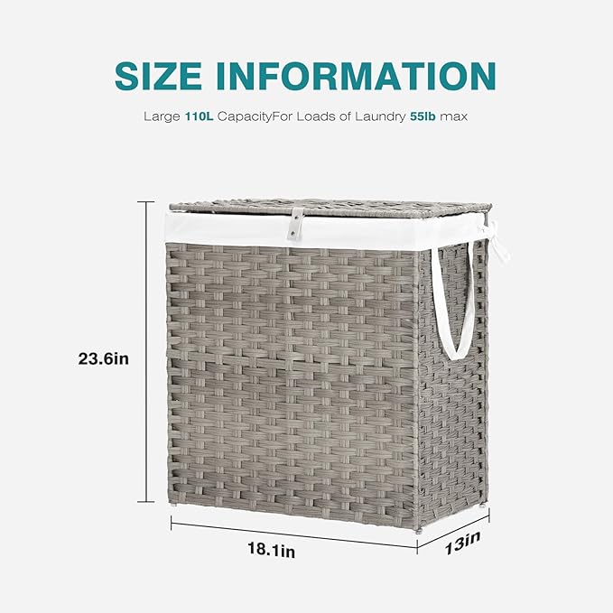 DUMOS Wicker Laundry Basket with Lid, 110L Woven Laundry Hamper with Handles, Foldable Rattan Clothes Hamper with Removable Liner & Sturdy Steel Frame, Dove Gray