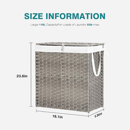 DUMOS Wicker Laundry Basket with Lid, 110L Woven Laundry Hamper with Handles, Foldable Rattan Clothes Hamper with Removable Liner & Sturdy Steel Frame, Dove Gray