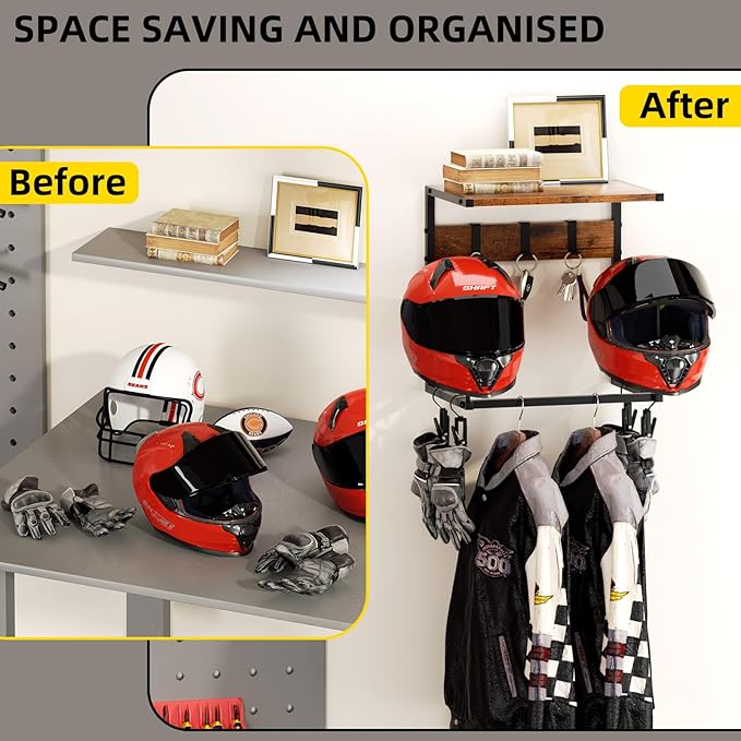 Urban Deco Motorcycle Helmet Holder Wall Mount, Helmet Rack with 2 Hat Stands, Helmet Stand for Display Wall Mount, Motorcycle Accessories Gear Storage for Men, Small