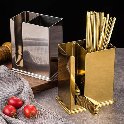 Chinese Restaurant Utensil Holder, Stainless Steel Hanging 2 Compartments Mesh Utensil Drying Rack/Chopsticks/Spoon/Fork/Knife Flatware Storage（Golden）