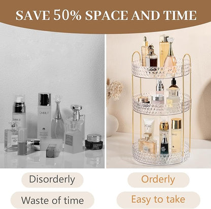 Rotating Makeup Organizer for Vanity, 3 Tier Perfume Skincare Storage for Women, Bathroom Counter Organizer, 360° Spinning Cosmetic Holder for Dresser Countertop, Clear