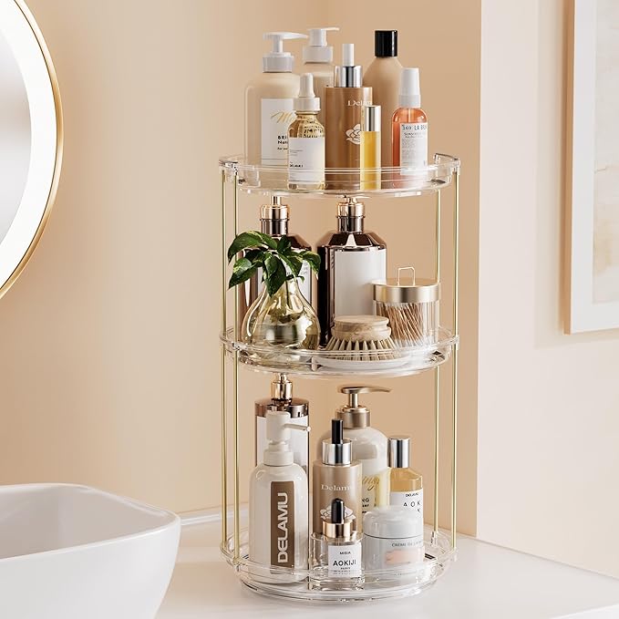 Delamu 3 Tier Rotating Makeup Organizer for Vanity, Skincare Organizer for Bathroom Counter, Spinning Perfume Organizer Cosmetic Holder with Large Capacity, Clear