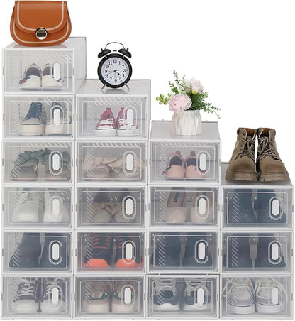 18 Pack Large Shoe Storage Boxes Organizers Clear Plastic Stackable, Modular Space Saving Shoe Boxes Sneaker Storage for Sneakerheads,Toy Storage Organizer Bins for Entryway, Closet, Under Bed, White