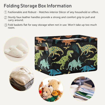 Dinosaur Pattern Storage Basket Bin, Large Cube Storage Box Canvas Collapsible Storage Organizer for Home Office Closet - 15 L x 11 W x 9.5 H