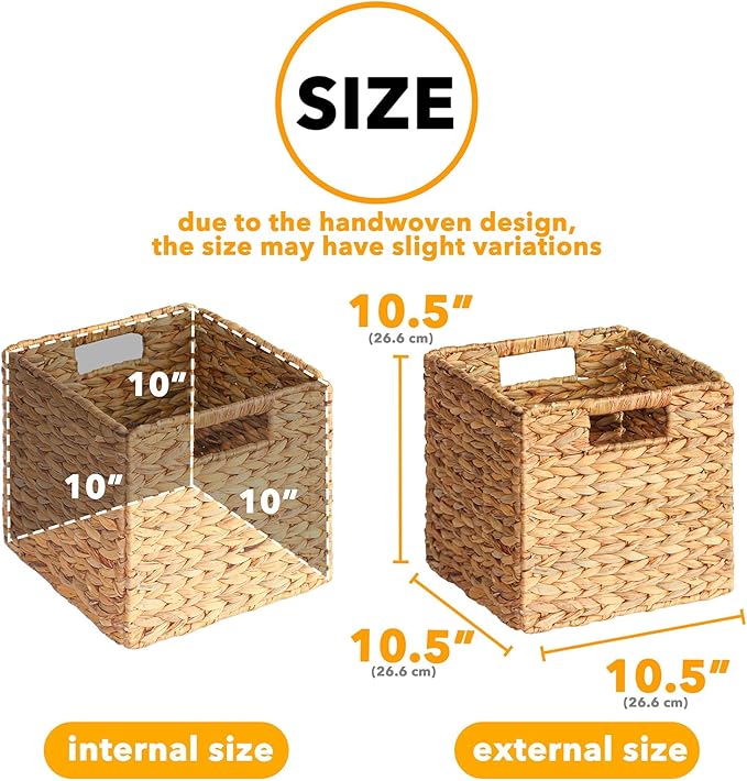 SpaceAid 4 Pack Wicker Basket, Storage Baskets for Organizing, Woven Rattan Basket with Handles for Shelves, Water Hyacinth Large Cube Organizer Storage Bin, 10.5x10.5x10.5 inch, Natural