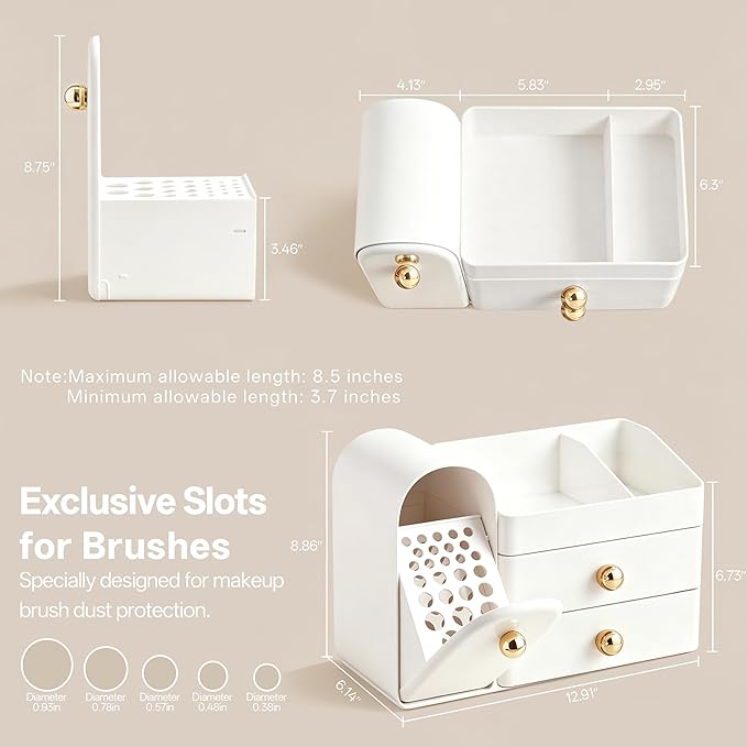 HBlife Makeup Organizer Countertop with Drawers, Vanity Organizers with Brush Holder, Bathroom Counter Organizer for Perfume, Nail Polishes, Lipsticks, Skincare and Eyeshadow Palettes, All White