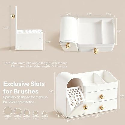 HBlife Makeup Organizer Countertop with Drawers, Vanity Organizers with Brush Holder, Bathroom Counter Organizer for Perfume, Nail Polishes, Lipsticks, Skincare and Eyeshadow Palettes, All White