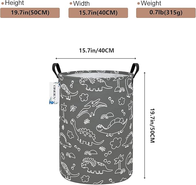 Round Cute Dinosaur Laundry Basket,Collapsible Laundry Hamper for Nursery,Toy Storage Bin for Kids Boys,Waterproof Storage Basket for Home,Bedroom, Playroom,New Parent Gift(Gray Line Dinosaur)