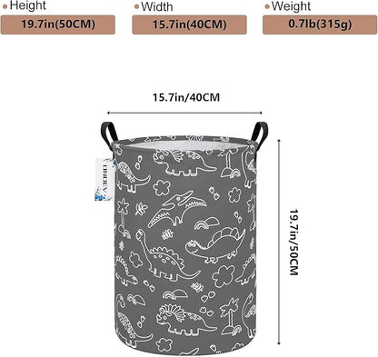 Round Cute Dinosaur Laundry Basket,Collapsible Laundry Hamper for Nursery,Toy Storage Bin for Kids Boys,Waterproof Storage Basket for Home,Bedroom, Playroom,New Parent Gift(Gray Line Dinosaur)