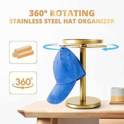 kondyfayo 360° Rotating Hat Organizer for Baseball Caps, Stainless Steel Hat Rack Holder with Top Storage Tray for Small Essentials, Ball Cap Storage Organizer for Closet, Entryway, Display (Gold)