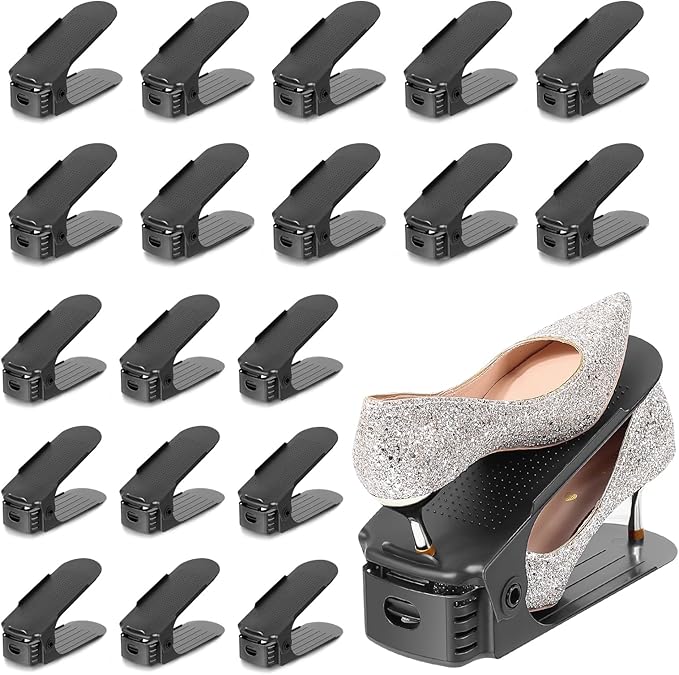 TOPNEW 20 Pack Shoe Slots Organizer Shoe Stacker for a Pair of Shoes 4 Levels Adjustable 50% Shoe Space Saver Double Layer Shoe Rack Organizer for Closet (Black)