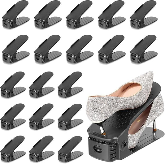 TOPNEW 20 Pack Shoe Slots Organizer Shoe Stacker for a Pair of Shoes 4 Levels Adjustable 50% Shoe Space Saver Double Layer Shoe Rack Organizer for Closet (Black)