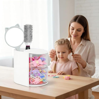 Hair Accessories Organizer with Hair Brush Holder, Rotatable Makeup Brush and Jewelry Storage Box for Hair Clips, Earrings, Necklaces, Bracelets, Rings, and Daily Accessories (White, 2-Layer)