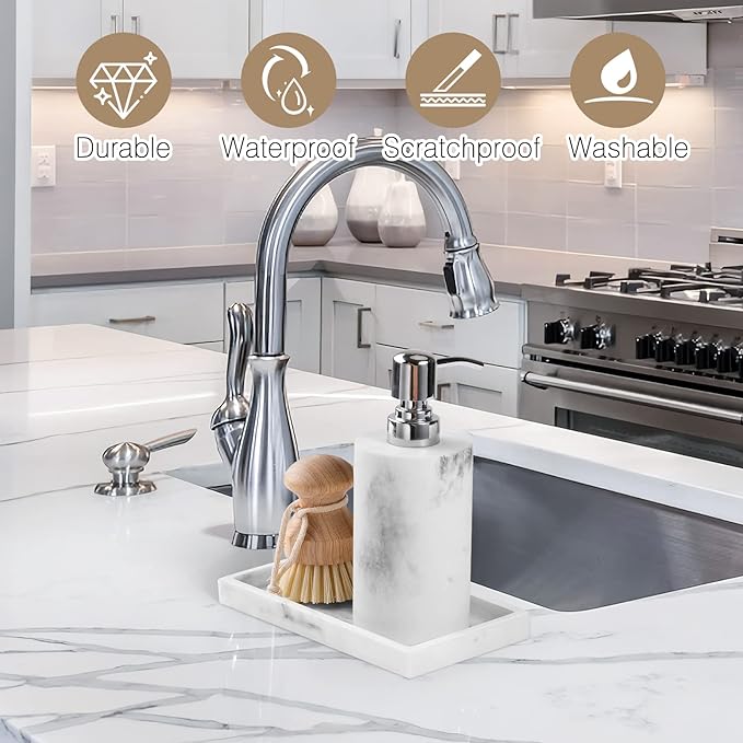Luxspire Bathroom Vanity Tray, 8 x 4 inch Resin Kitchen Sink Tray for Soap Dispenser Bathroom Countertop Organizer Plate Holder for Perfume Soap Towel Bathroom Accessories, Mini, White Marble