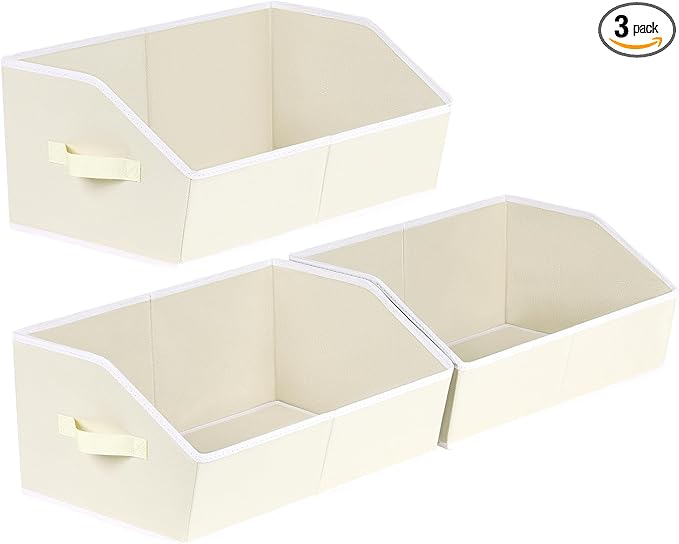 Homsorout Trapezoid Closet Shelf Organizer - Large Baskets for Organizing, Fabric Storage Box for Shelves, Cube Storage Bins for Clothes, Books, Blankets, 3 Pack, Beige