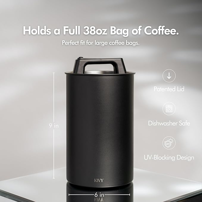 KIVY Vacuum Coffee Canister (Large) - Push Lid Preserves Aroma & Oil - Stainless Steel Airtight Canister - Container for Ground & Coffee Bean Storage - Removes Excess Air