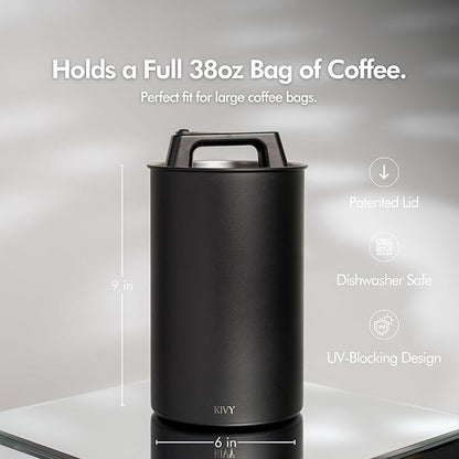 KIVY Vacuum Coffee Canister (Large) - Push Lid Preserves Aroma & Oil - Stainless Steel Airtight Canister - Container for Ground & Coffee Bean Storage - Removes Excess Air