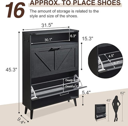 Barnyatoh Shoe Storage Cabinet, Farmhouse Shoe Organizer with 2 Flip Drawers & Barn Door,Freestanding Hidden Slim Narrow Shoe Rack Cabinet with Open Storage for Entryway, Foyer, Black