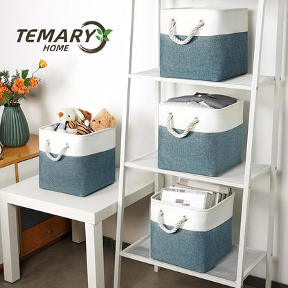 Temary 4Pack Storage Cubes 11x11 Cube Storage Bins Basket for Organizing Home, Closet, Office, Decorative Baskets with Rope Handles (White&Dark Green)