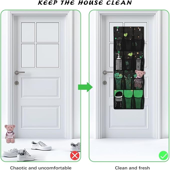 12-Pocket Foldable Door Hanging Organizer, Oxford Cloth Waterproof and Ideal for Bathroom Closet or Kitchen Storage Needs, Heart Lucky Leaf