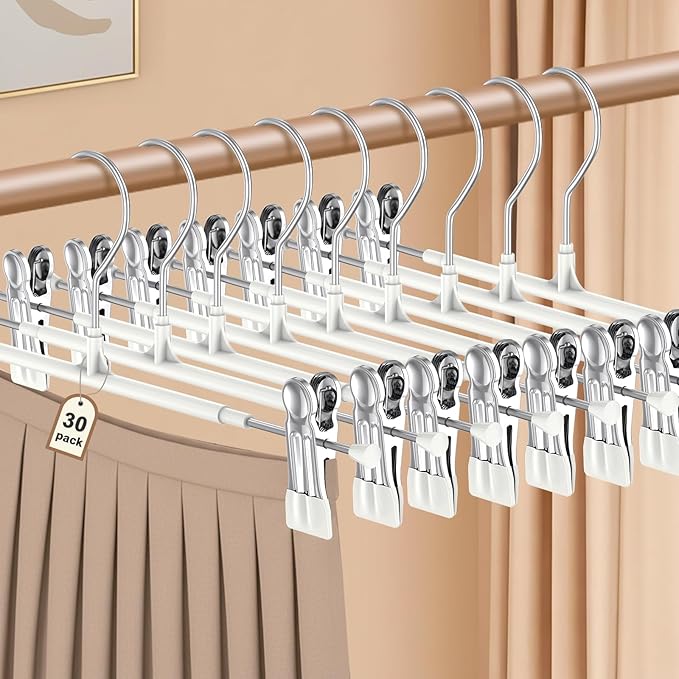 POZEAN Pants Hangers with Clips for Women 30 Pack, 12Inch Adjustable Heavy Duty Skirt Hangers, Space Saving Non-Slip Shorts Jeans Trousers Clothes Hangers, White