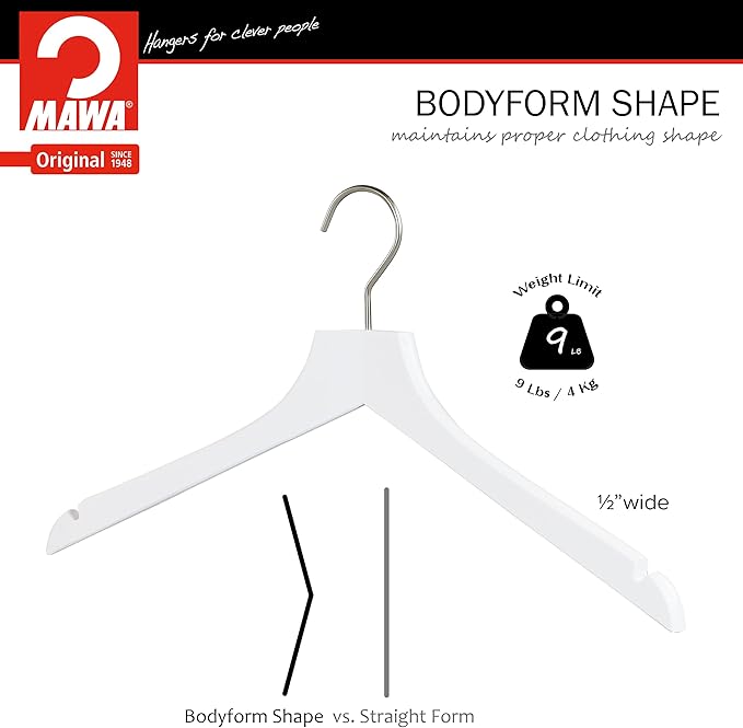 MAWA by Reston Lloyd, European Wooden Hanger, Beech Wood Straight Hanger with Shoulder Notches, Rotating Chrome Hook, White Finish, for Shirts, Blazers, Dress Clothes, Set of 5 (26135)