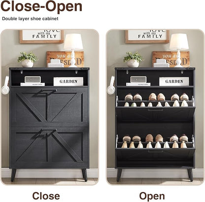 Barnyatoh Shoe Storage Cabinet, Farmhouse Shoe Organizer with 2 Flip Drawers & Barn Door,Freestanding Hidden Slim Narrow Shoe Rack Cabinet with Open Storage for Entryway, Foyer, Black
