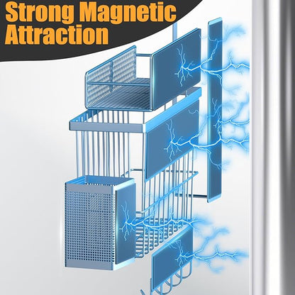 Magnetic Spice Rack for Refrigerator, 7 Pack Metal Magnetic Shelf, Moveable Magnetic Storage Fridge Organizer, Spice Organizer, Hook Rack, Paper Towel Holder, Utensils and Cutting Board Holder, Blue