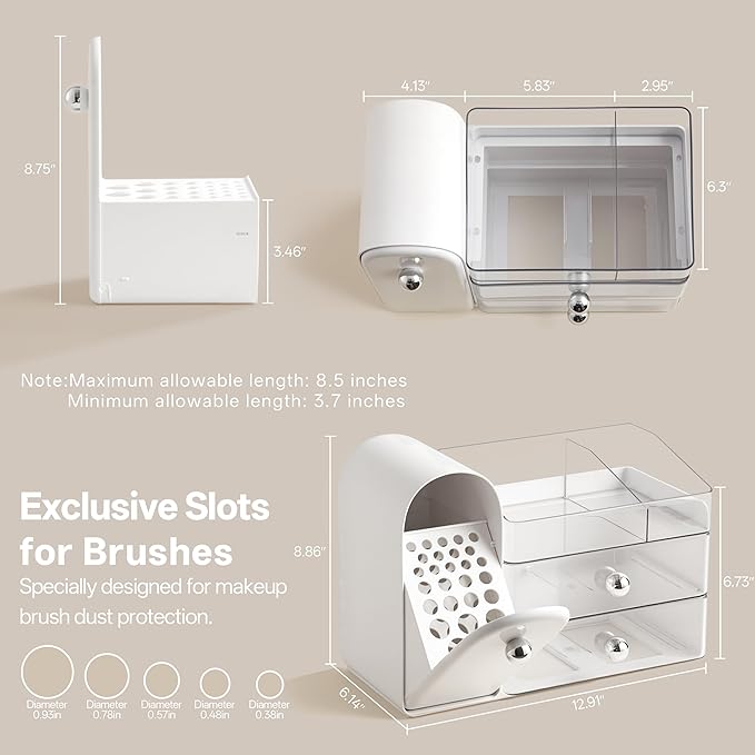 HBlife Makeup Organizer Countertop with Drawers, Vanity Organizers with Brush Holder, Bathroom Counter Organizer for Perfume, Nail Polishes, Lipsticks, Skincare and Eyeshadow Palettes, White Sliver