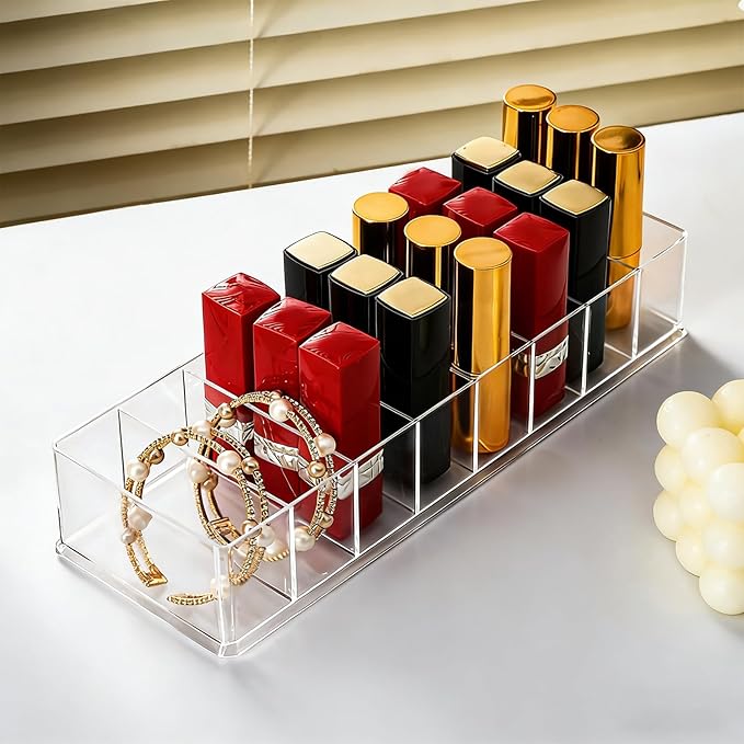 Makeup Organizer, Clear Acrylic Lipstick & Eyeshadow Palette Storage for Women & Girls, Desk & Drawer Cosmetic Holder, Easy Access (Clear)