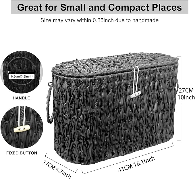 Coeusy Black Toilet Paper Basket with Lid,Wicker Toilet Paper Storage Stand,Large Narrow Bathroom Towel Basket Mega Roll Container Bin for Toilet Tank,Floor