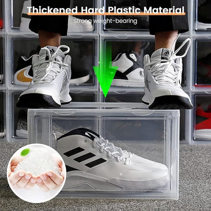 Shoe Boxes Clear Plastic Stackable, Harder Shoe Storage Boxes with Lids, Powerful Load-Bearing, Space Saving and Easy Assembly for Kids Men Women (Black)