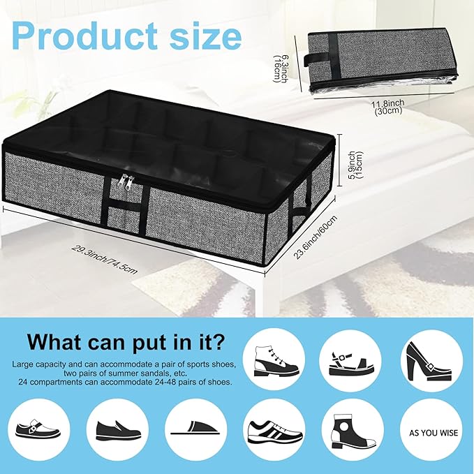 Under Bed Shoe Organizer Storage for Closet 2 Pack- Fits 24 Pairs Underbed Shoes Container Boxes with H Shap Sturdy Handles and Clear Window,Foldable Shoe Rack Holder,Black