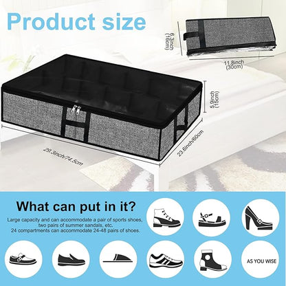 Under Bed Shoe Organizer Storage for Closet 2 Pack- Fits 24 Pairs Underbed Shoes Container Boxes with H Shap Sturdy Handles and Clear Window,Foldable Shoe Rack Holder,Black