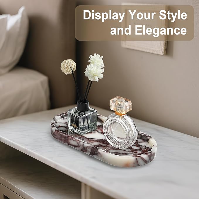 Natural Marble Vanity Tray - Moujings Genuine Marble Perfume Tray for Bathroom Decor, Stone Bathroom Vanity Organizer Tray for Kitchen Counter, Candles, Jewelry, Coffee, Makeup, Key