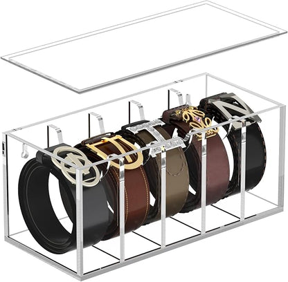 FEMELI Belt Organizer, Acrylic Belt Storage for Closet with Lid, 5 Compartments Belt Container Display Holder for Drawer, Tie Case for Women Men Home