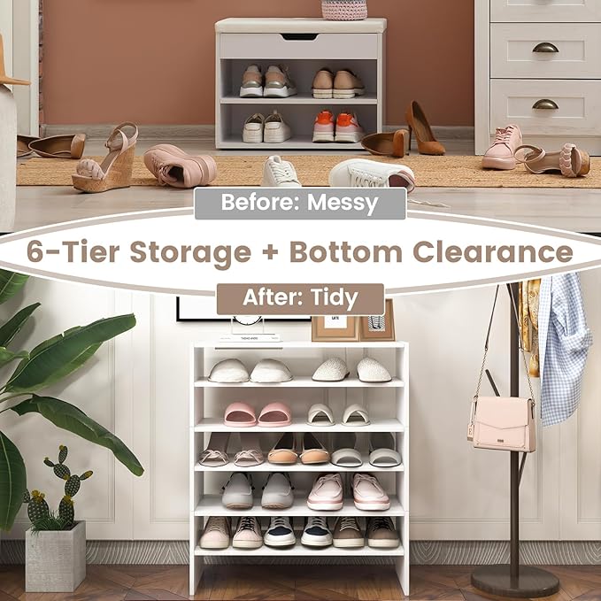 6-Tier Stackable Shoe Rack, Multi-Functional 3 Pcs Shoe Storage Shelves for Closet, 31 Inch Wide Shoe Organizer with Anti-Tipping Device, Ideal for Entryway Bedroom Living Room, White