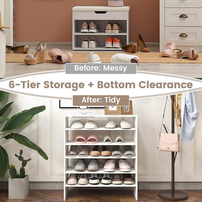 6-Tier Stackable Shoe Rack, Multi-Functional 3 Pcs Shoe Storage Shelves for Closet, 31 Inch Wide Shoe Organizer with Anti-Tipping Device, Ideal for Entryway Bedroom Living Room, White