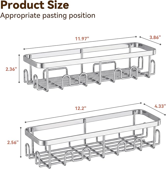 YASONIC Shower Caddy Adhesive 2-Pack, Rustproof Shower Organizer with Holder, No-Drill Shower Shelves for Inside the Shower, Large-Capacity Bathroom Organizers and Storage for Dorms & Renters, Silver