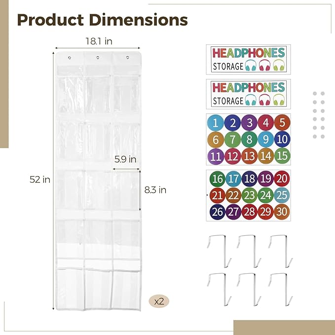 2 Pcs Over The Door Hanging Headphone Organizer, 30 Clear Pockets, 52 x 18.1 in PVC Pocket Chart with Stickers & Hooks, for Headphone Cell Phone Storage
