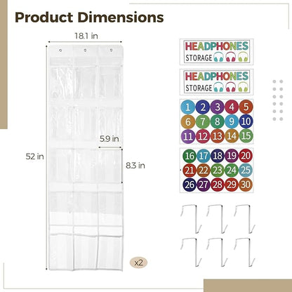 2 Pcs Over The Door Hanging Headphone Organizer, 30 Clear Pockets, 52 x 18.1 in PVC Pocket Chart with Stickers & Hooks, for Headphone Cell Phone Storage