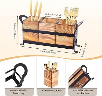 Wood Utensil Holder Silverware Caddy with Metal Rack Detachable Utensil Caddy for Party Flatware Organizer for Kitchen Forks Spoons Knives Storage