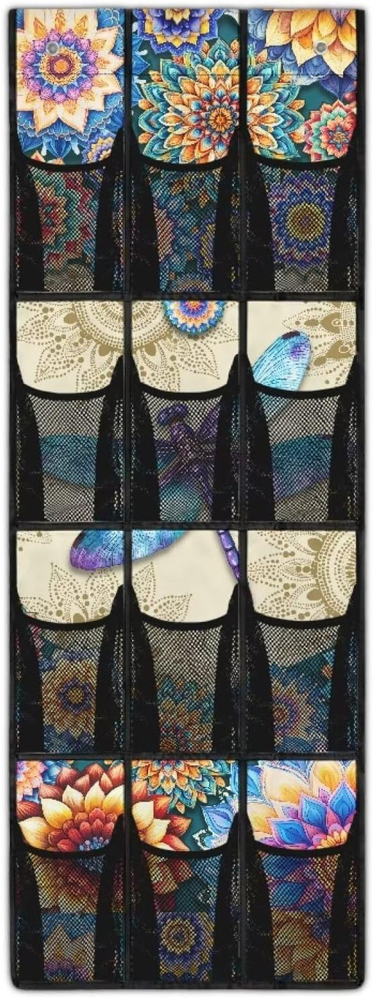 Boho Flowers Shoe Organizer Door Hanger,Storage for Small Spaces,Over the Door Shoe Organizer with 12 Mesh Large Pockets